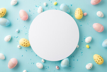 Easter decor concept. Top view photo of white circle colorful easter eggs and sprinkles on isolated pastel blue background with copyspace