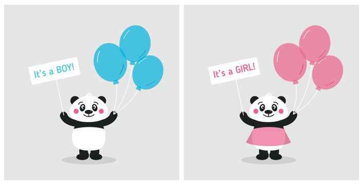 Cute baby panda square set cards for baby shower party. It's a boy. It's a girl. Vector flat illustration.