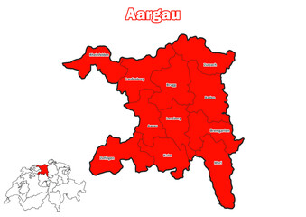 Karte des Kanton Aargau mit Bezirksnamen und Standort auf der Karte der Schweiz