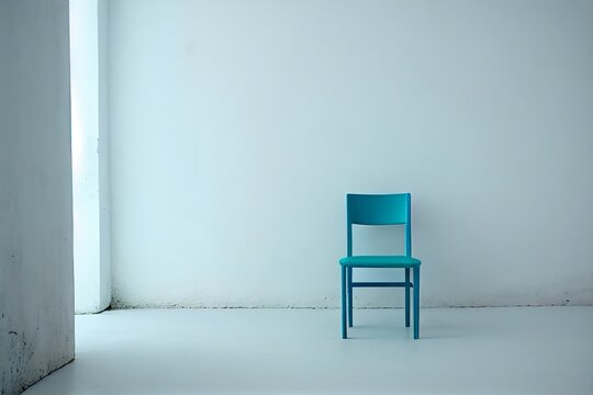 Minimalist Blue wooden chair in white concrete empty background created with Generative AI Technology