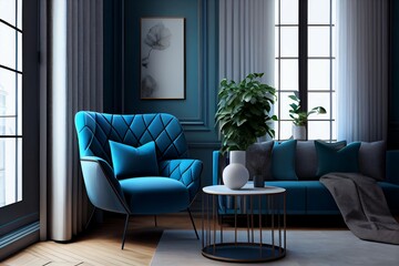 Blue modern sofa isolated on interior of living room created with Generative AI Technology