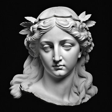 antique plaster beautiful young woman head sculpture, black background