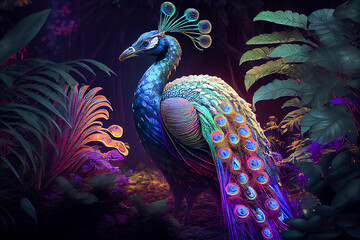 Fototapeta premium Luxury neon peacock in a fantasy tropical garden, generative ai illustration