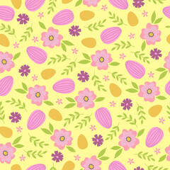 Seamless pattern with branches, flowers and easter eggs on yellow background. Template for greeting card, invitation, poster, print