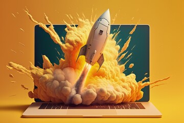 Rocket and laptop on yellow background, startup concept, Digital illustration, Generative AI