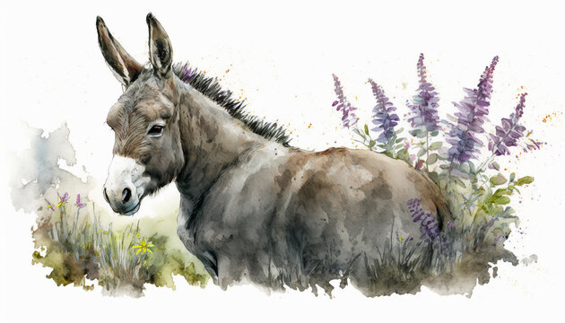 Watercolor painting of peaceful donkey in a colorful flower field. Ideal for art print, greeting card, springtime concepts etc. Made with generative AI.