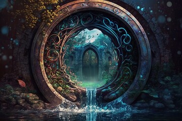 Water magic portal, portal to water fantasy world, digital illustration, Generative AI	