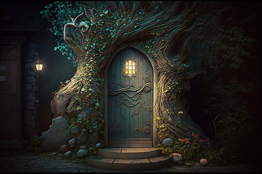 Magic door, door to fantasy dimension, branch and leaf door, digital illustration, Generative AI	

