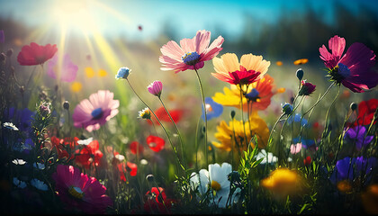 Colorful flower meadow in spring, wild flowers generatine ai
