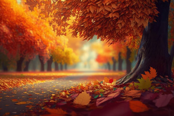 Naklejka na ściany i meble Beautiful autumn landscape with yellow trees and sun. Colorful Falling leaves natural background .Autumn season concept Generative AI