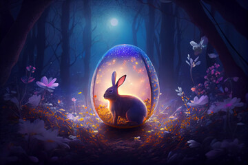 Easter bunny in Egg with mystical night forest scene full of flowers Generative AI