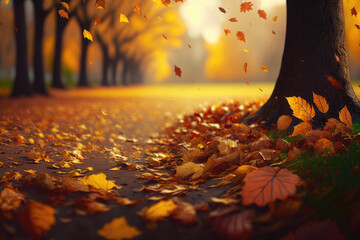 Naklejka na ściany i meble Beautiful autumn landscape with yellow trees and sun. Colorful Falling leaves natural background .Autumn season concept Generative AI