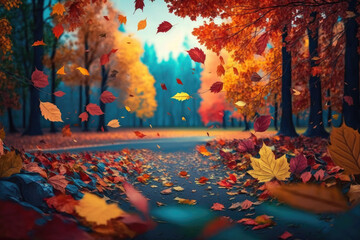 Obraz na płótnie Canvas Beautiful autumn landscape with yellow trees and sun. Colorful Falling leaves natural background .Autumn season concept Generative AI