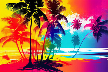 colors of vacation, beach with palm trees, island as a beach vacation, fictional place, Generative AI