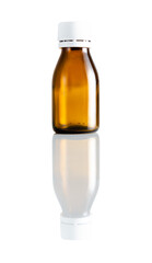Empty brown medicine pill glass Bottle and reflection isolated on white background, Suitable for Mock up creative graphic design, clipping path.