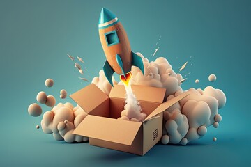 Rocket taking off from cardboard box on blue background, 3D illustration, AI	 - obrazy, fototapety, plakaty