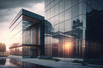 Obraz premium Modern glass wall commercial buildings exterior with citiscape view, Generative Ai