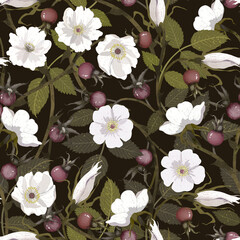 Digital floral seamless pattern. Wild rose pattern, dog rose pattern - 572719352