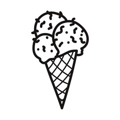Ice cream. Three balls. Cartoon style. Hand drawn line art vector illustration isolated on white.