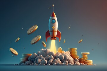 Rocket taking off over stack of coins, 
successful startup concept, blue background, digital illustration, Generative AI	
