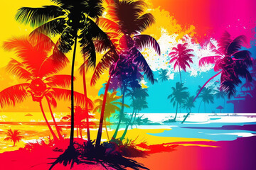 colors of vacation, beach with parasol and palm trees, island as a beach vacation, fictional place, Generative AI