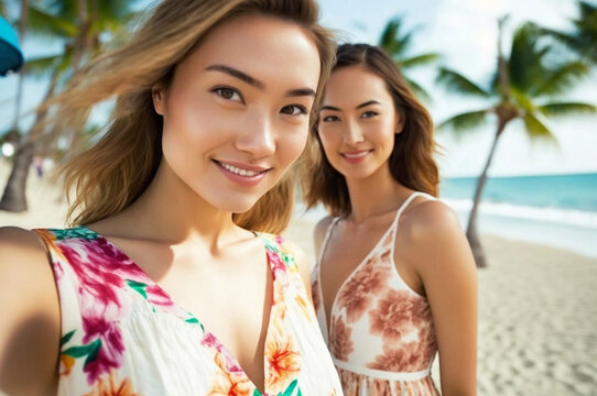 young beautiful woman in bikini with a friend at the beach with palm trees, two girls at vacation, Generative AI