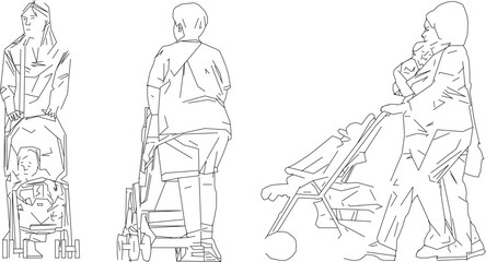 Vector sketch illustration of babysitting activity with stroller