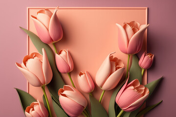 pink tulips on a pink background, top view, spring bouquet Generative AI
