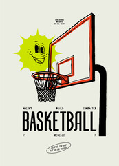 Smiling sun in the basketball hoop. Basketball typography silkscreen t-shirt print vector illustration.