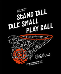 Basketball in hoop. Basketball ball flying through the hoop. Vintage typography basketball silkscreen t-shirt print vector illustration.