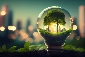 Green environtment campaign of innovative solution to energy consumption showcasing a green and ecofriendly lightbulb city background Generative AI