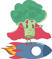 funny image of broccoli, vegan menu and delivery, rocket, sticker with vegetables