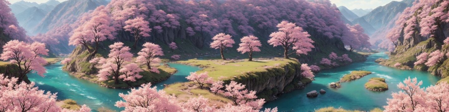 Sakura, park, mountain rivers. Wide format, large image size. AI
