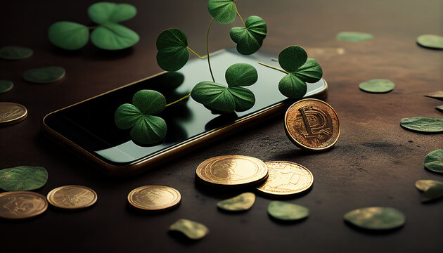 drinks, coins, clover. Celebration of St. Patrick's Day.  generative AI