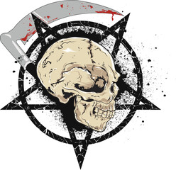 vector illustration of a skull above a pentagram with the scythe of death.