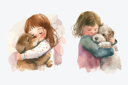 cute little girl hugging cute pet with watercolor illustration set