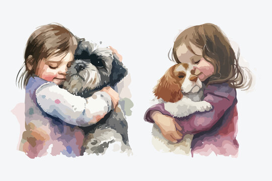 cute little girl hugging cute pet with watercolor illustration set