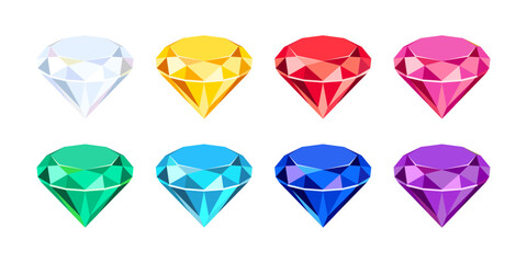 Set of diamonds in different colors. Vector cartoon flat illustration of jewels. - obrazy, fototapety, plakaty