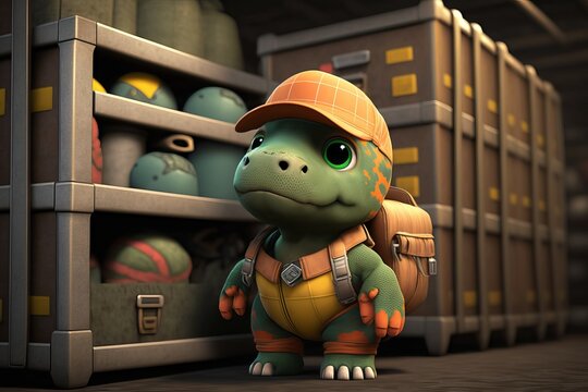 Dino-mite customs officer: Baby dinosaur inspects the warehouse - Generative AI