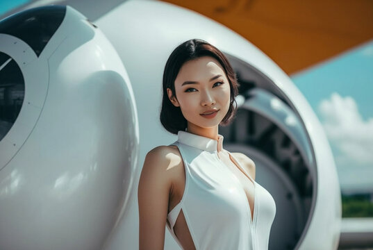 a beautiful, slim asian woman stands in front of a fictitious vehicle or aircraft as a stewardess, pilot or passenger, Generative AI