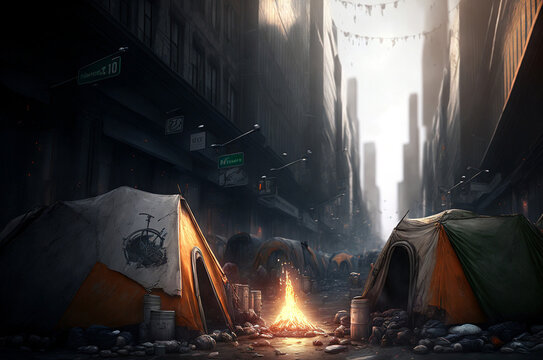 pitched tents on a gloomy side street in a big city, surrounded by skyscrapers and garbage, Generative AI