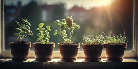 3d Realistic of seedlings on the windowsill in the sunshine. Seedling of plants in pots on windowsill. Planting, urban home balcony gardening concept. Generative AI