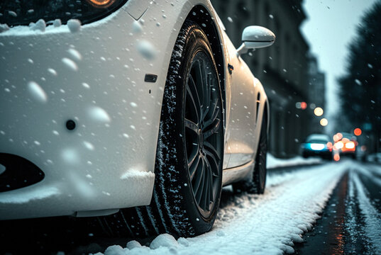 car with winter tires with winter profile in winter, snow and road, Generative AI