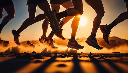 close up legs runner group running on sunrise seaside trail, AI generative - obrazy, fototapety, plakaty