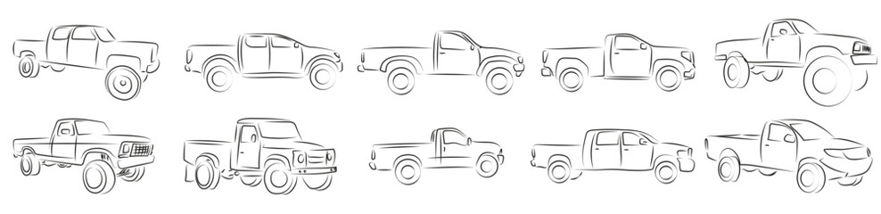 10 Pickup Trucks Zeichnung Lineart Vektor Grafik | Drawning Vector Graphic - obrazy, fototapety, plakaty