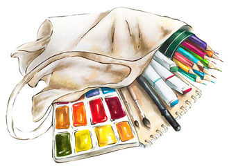 Hand drawn marker sketch. Art shop purchases, artist materials: paint, pencils, brush in a shopping bag. Png illustration on transparent background.
