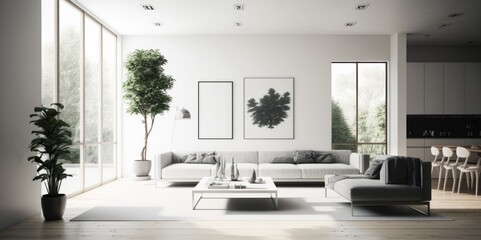 Fototapeta na wymiar Simplicity in Neutrals: A High-Angle View of a Modern Minimalist Living Room, generative ai