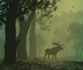 Vector illustration - landscape with elk, deciduous forest, green tones	
