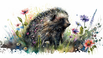Watercolor painting of cute porcupine in a colorful flower field. Ideal for art print, greeting card, springtime concepts etc. Made with generative AI.