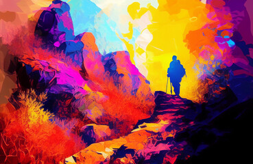 colors of hiking, mountains background, colorful, fictional place, Generative AI